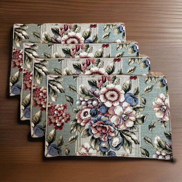 Vintage 4 Tapestry Woven Placemats Fruit & Floral Multicolor Cottagecore 1980s - Picture 1 of 5